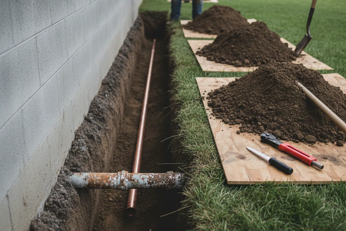 Excavated water line trench during Water Heater Repair in Quarryville